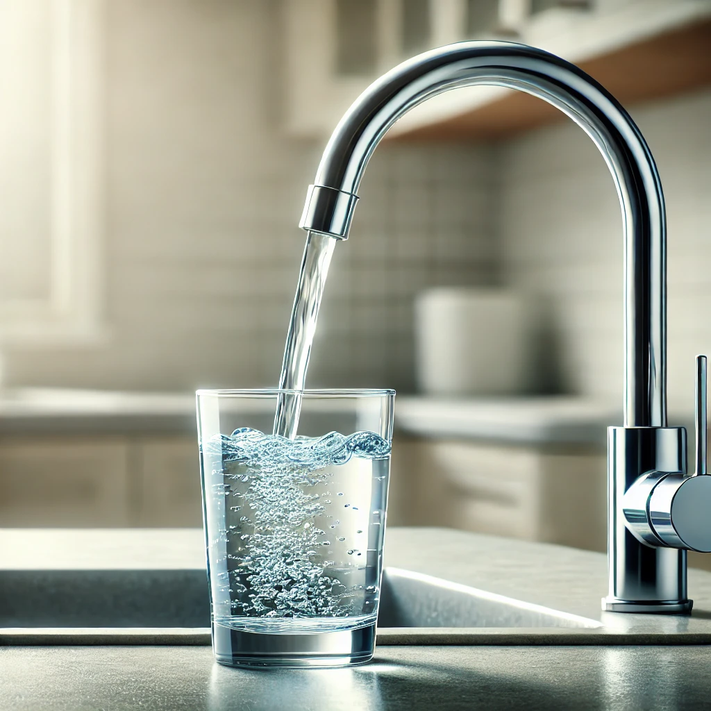 Photo d'un robinet avec l'eau qui coule dans un évier de cuisine